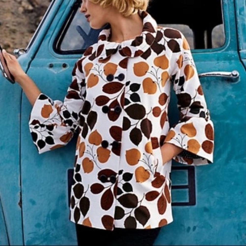 Anthropologie White Pea Coat with Brown and Tan Leaf Print
